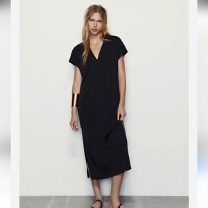 NEW ZARA black midi dress XL Casual Modest Goth Office Minimalist
